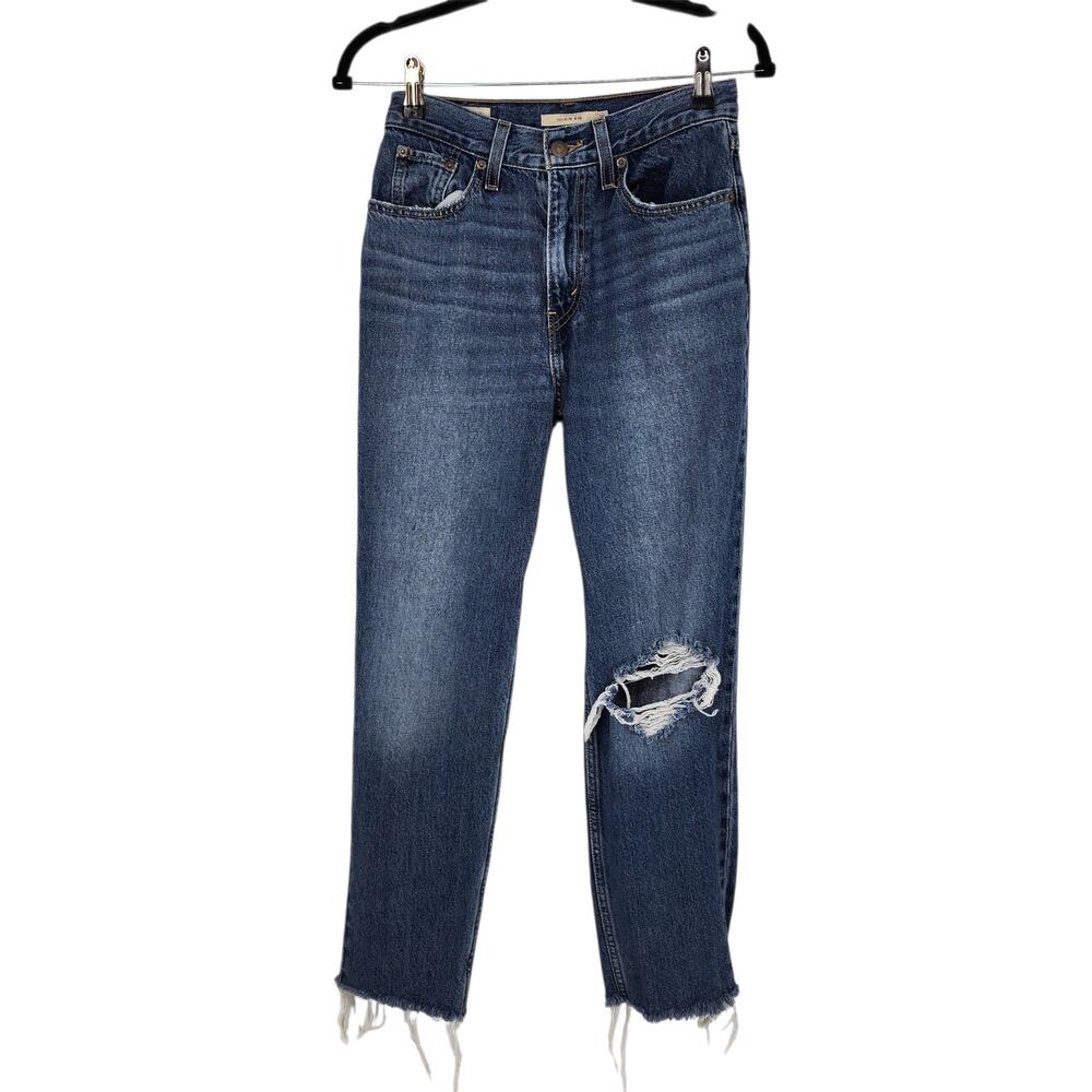 Levi’s Dark Wash Distressed Cropped Raw Hem Straight Leg 80s Mom Jeans Size 25